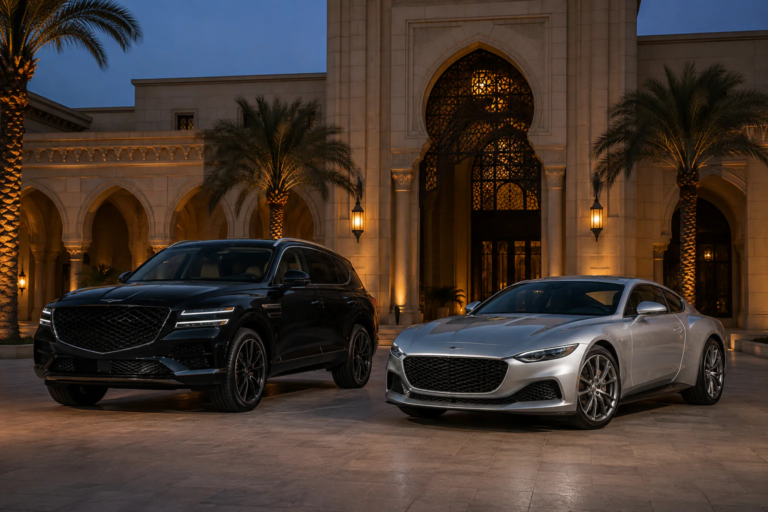 A luxury SUV and grand tourer considered against a Cairo city backdrop